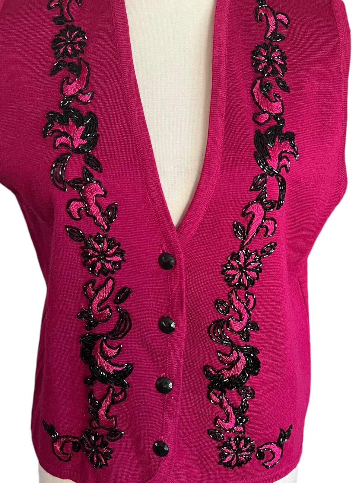 Vintage KORET Dark Red With Black Beaded Button Up Vest Sz. P