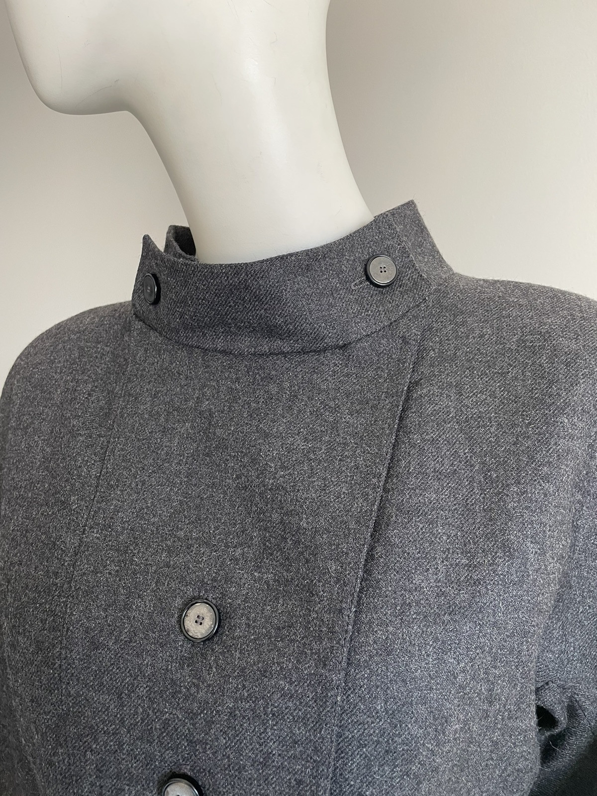 Vintage 1980s Chloe Gray Wool Dress Cross Front Buttons Shoulder Pads Size XS