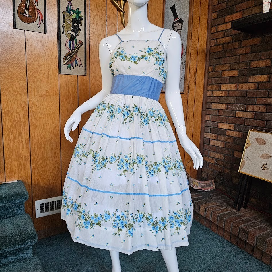 Vintage 50s Aqua Olive Cabbage Rose Voile Sheer Circle Skirt Party Prom Dress S