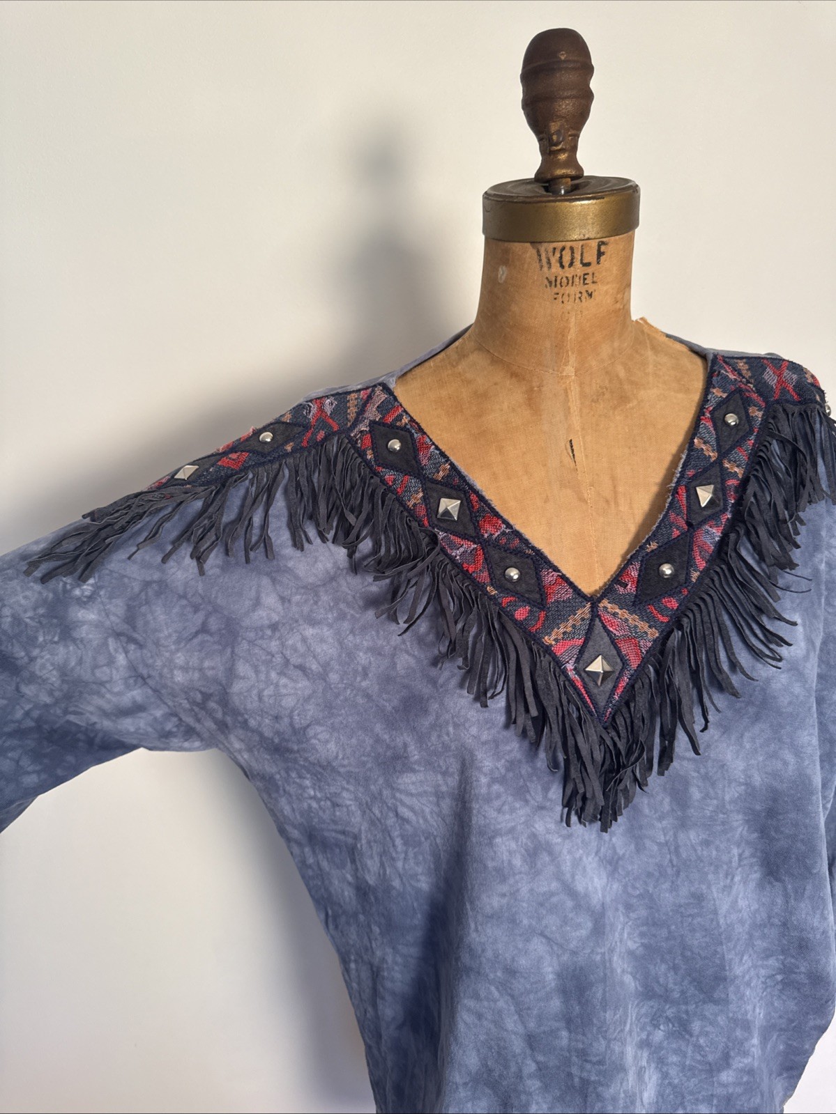 Vintage 90’s Tie Dye Fringe Studded Western T-Shirt Cotton Cowgirl Rodeo O/S