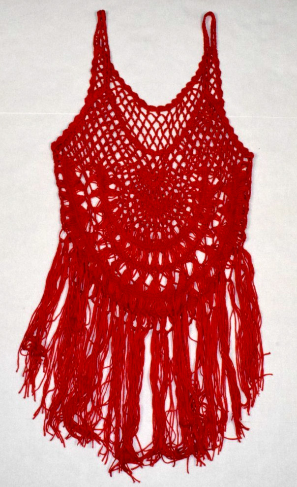 Vintage Crocheted Tank Top Size S/M 70s Cherry Red Silky Thread Long Fringe