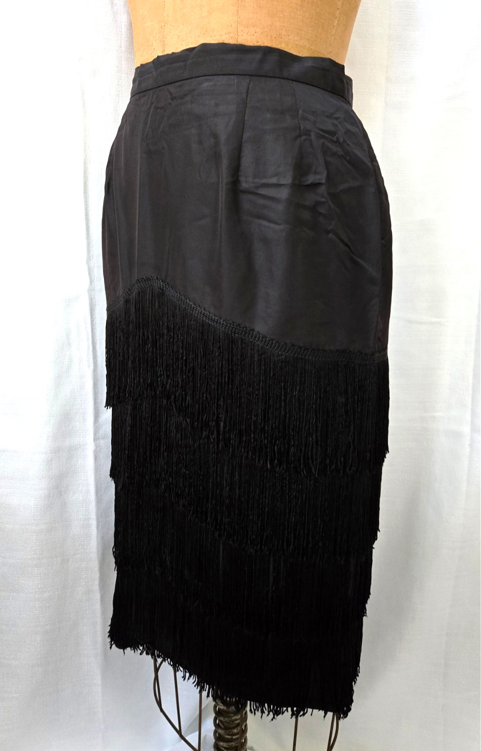 Vtg 80s Black Pencil Skirt Layered Fringe New Wave Retro Club Rockabilly Pinup 8