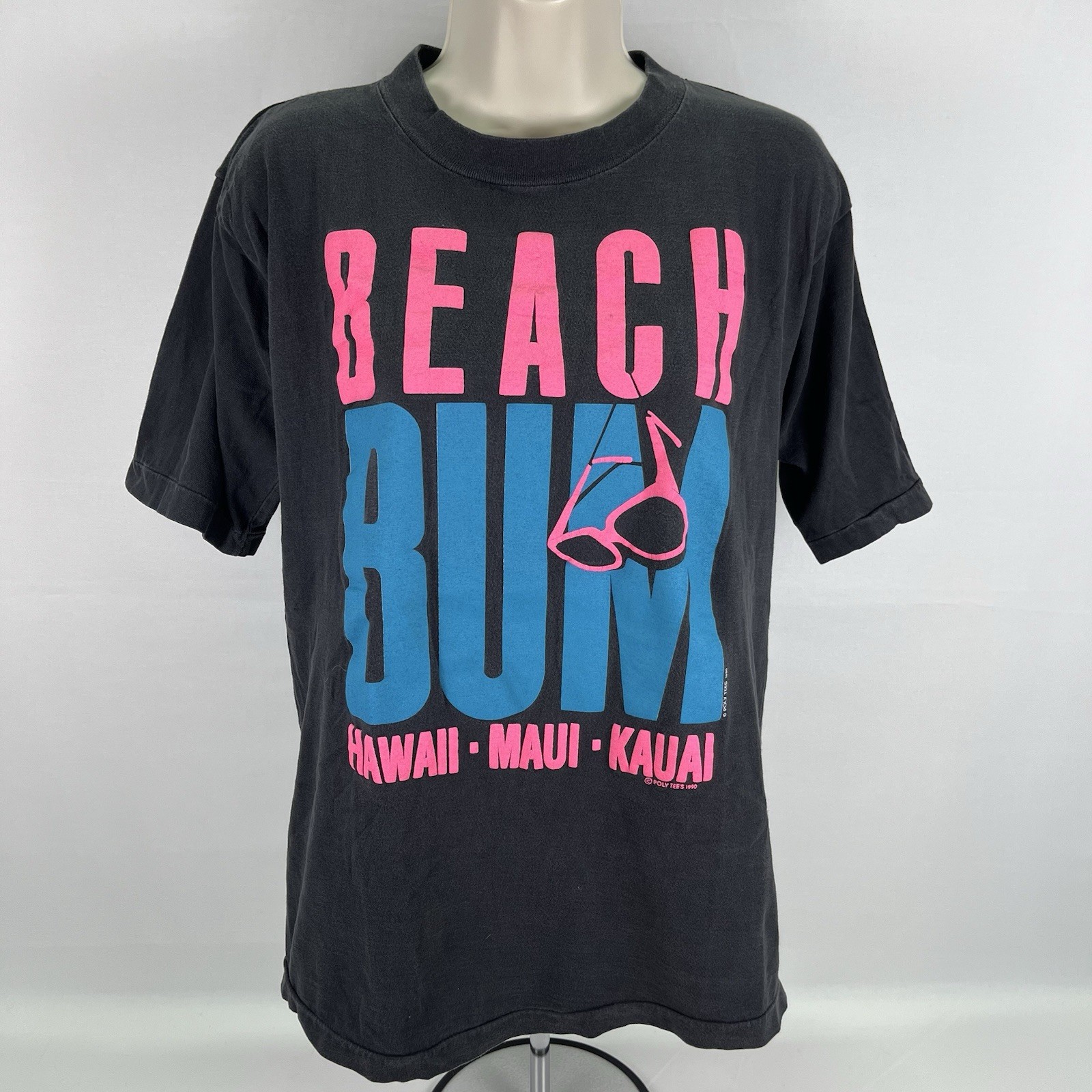 Vintage 1990 Hawaii Beach Bum Poly Tee T-Shirt Womens Large Black Blue and Pink