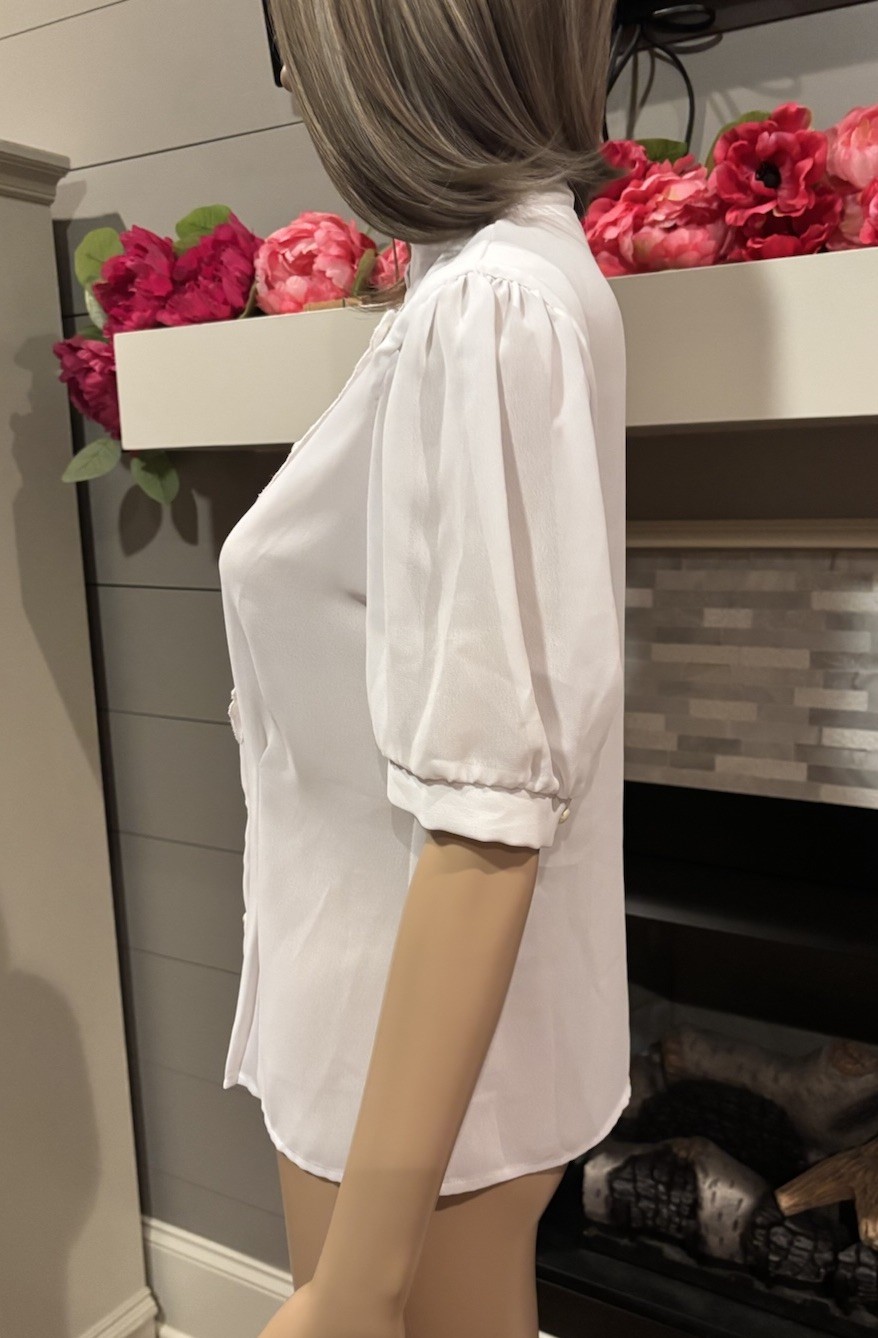 Vtg 50’s white sheer nylon chiffon embroidered secretary geek tailored blouse