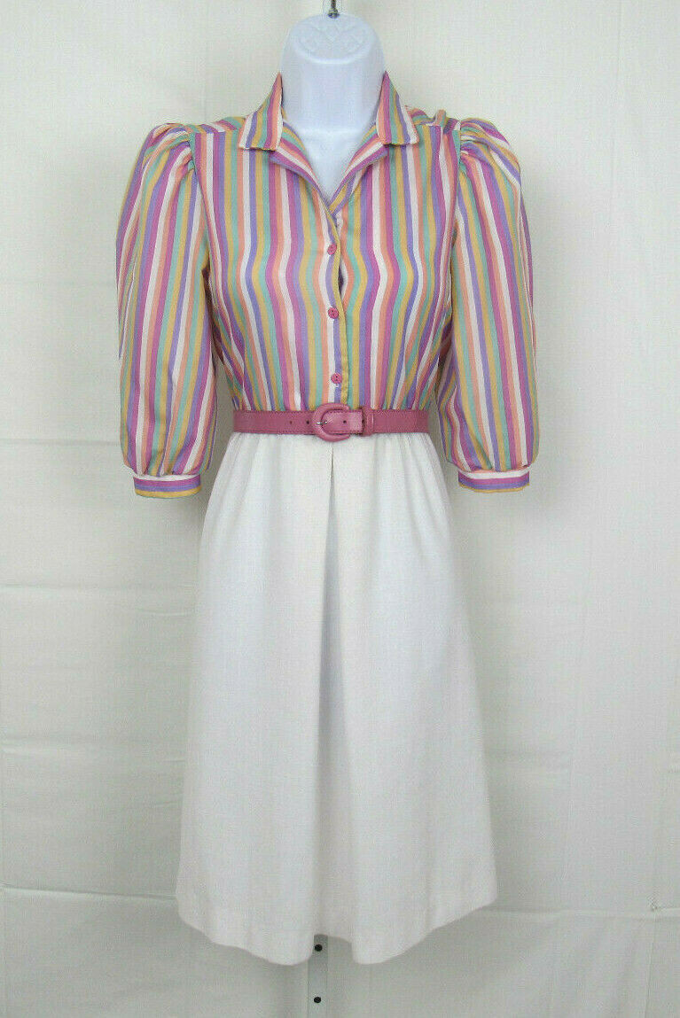 VTG 1960s 70s MOD TAURUS II SIZE 3-4 DRESS & BELT STRIPES COTTON POLY BLEND?