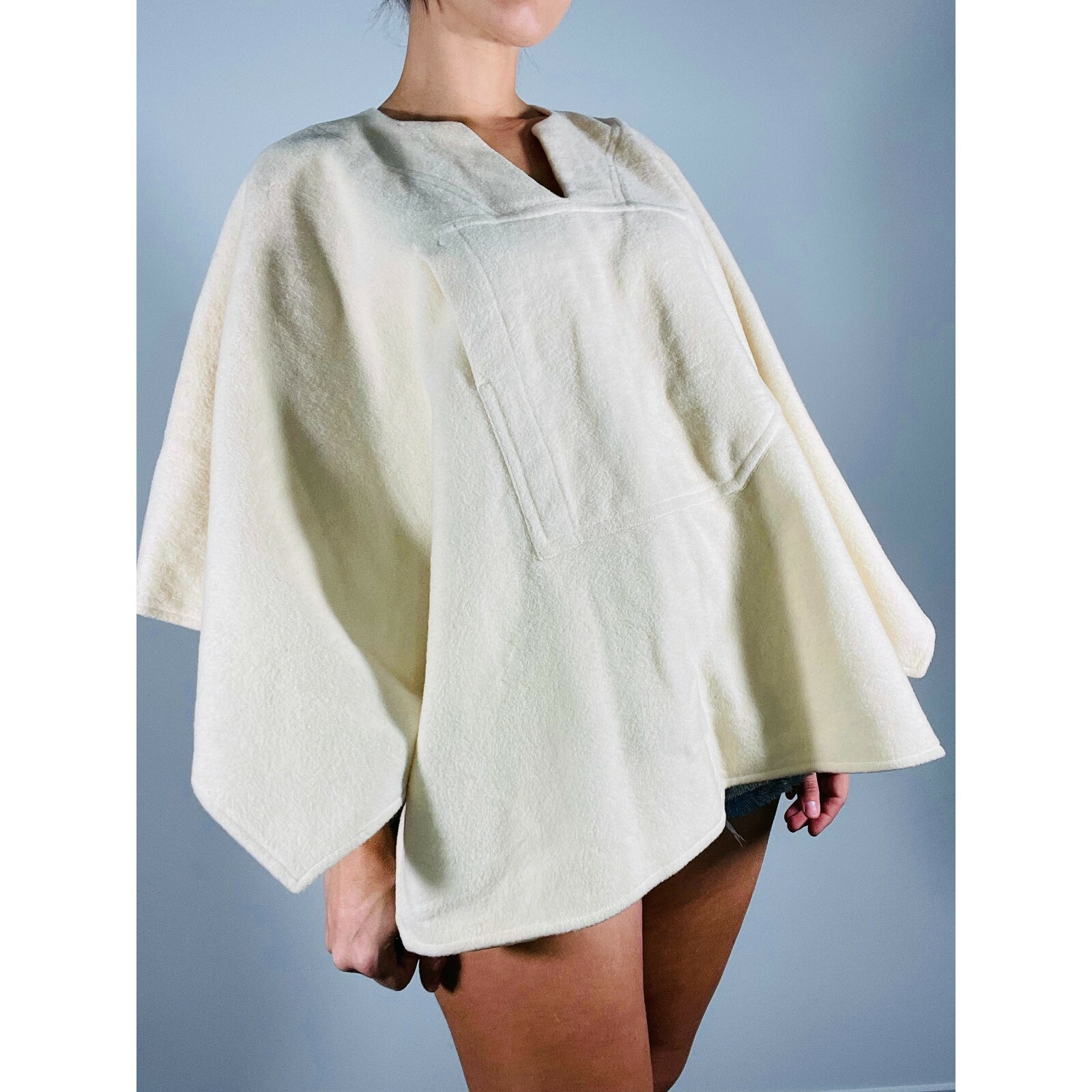 Vintage 60s 70s Poncho Cashmere Felt Satin Cape Jacket Oversized Kimono Sleeves