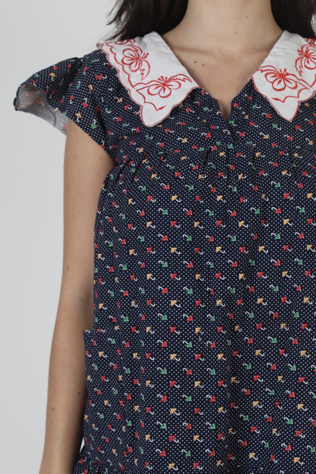 Vtg 70s A Line Novelty Umbrella Print Swiss Polka Dot White Collar Tent Dress