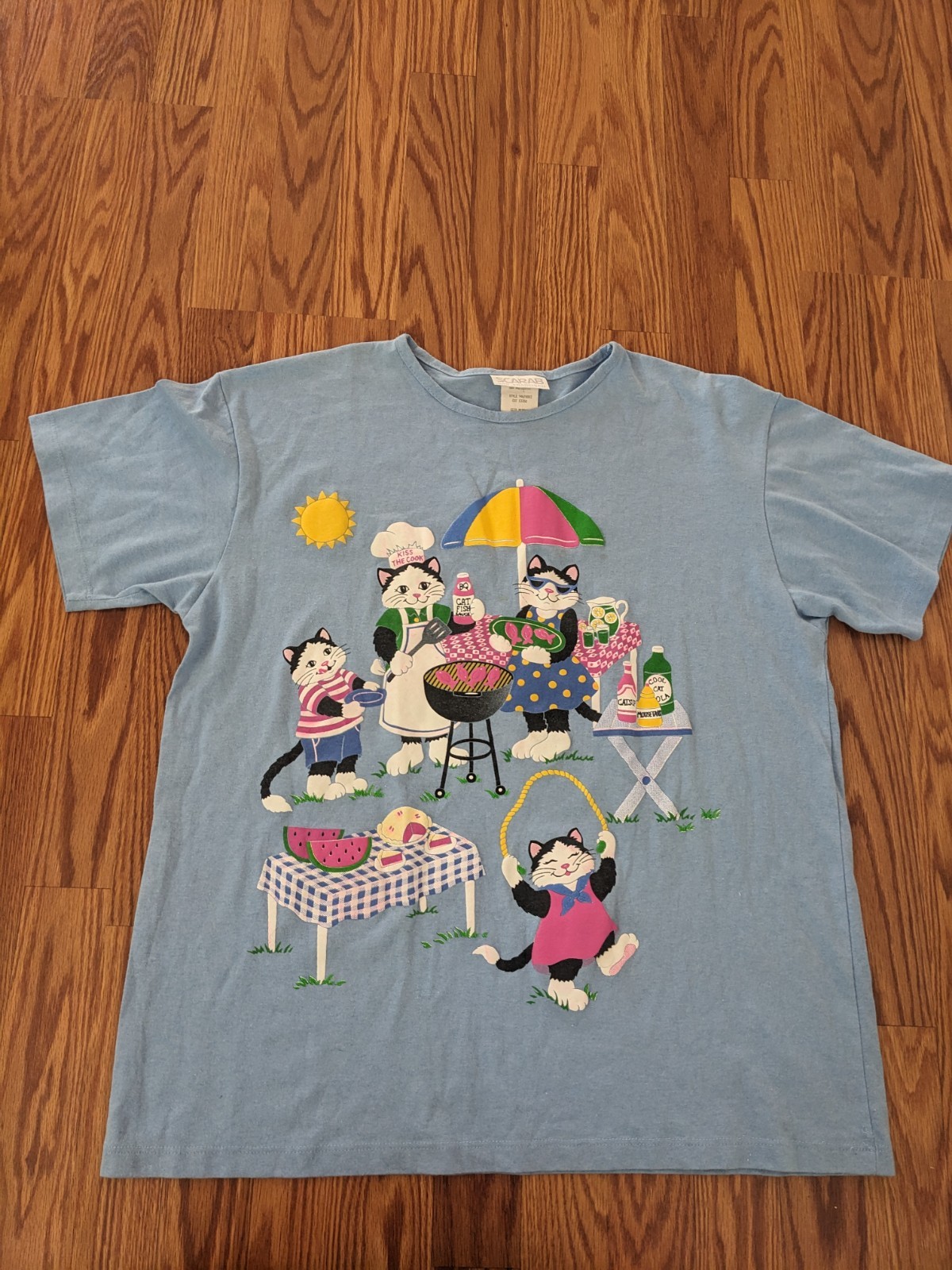Vintage Scarab San Francisco 80s 90s Cats Family BBQ Puffy Print Shirt Kawaii M