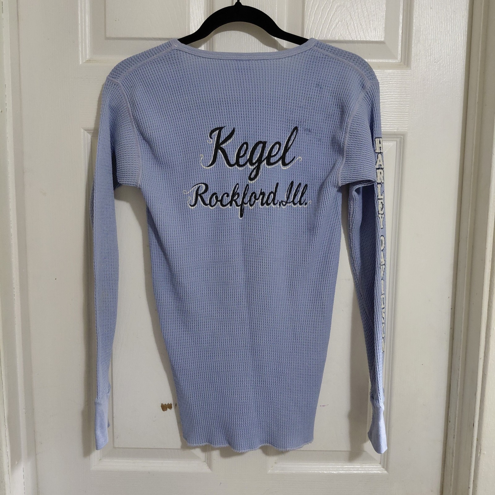 Vintage 80s Kegel Harley-Davidson Rockford IL Rose Light Blue L/S Crew Thermal