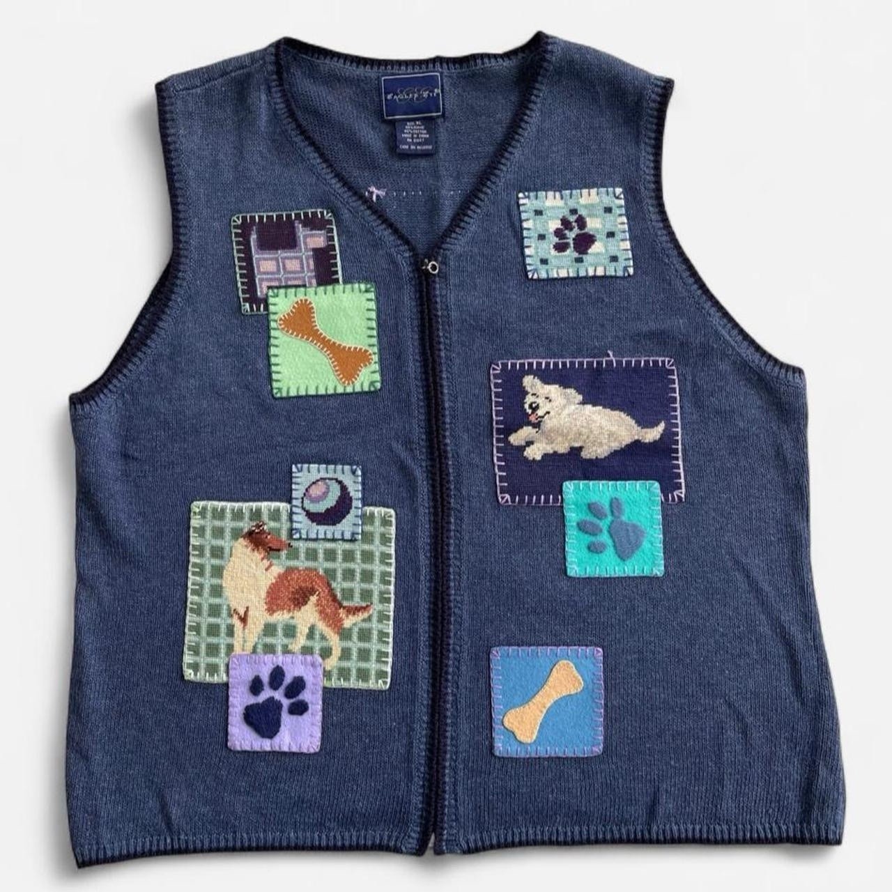 Eagle’s Eye Blue Knit Embroidered Cross Stitch Dog Zippered Sweater Vest Granny