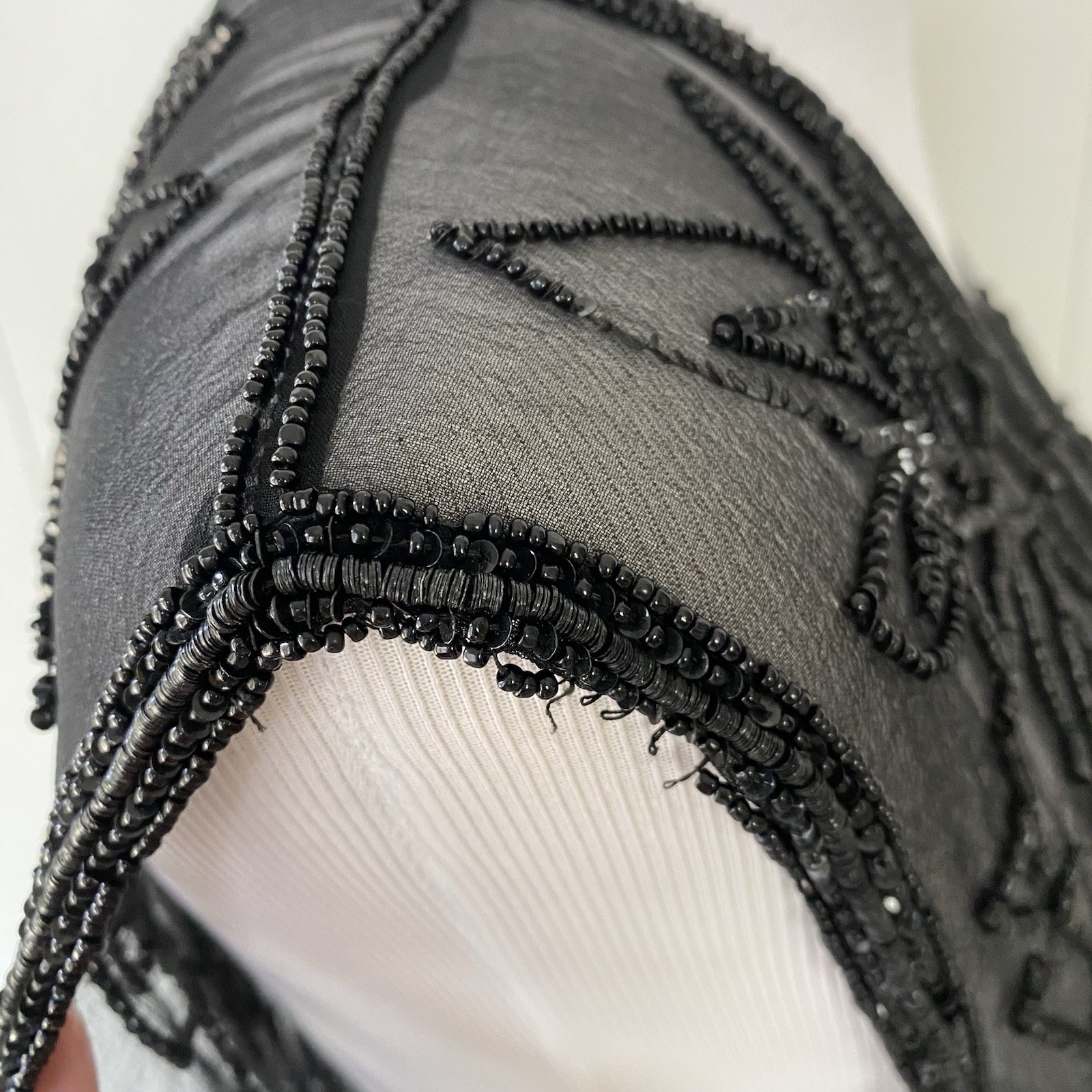 Sheer Black Beaded Duster Cardigan Whimsigoth Kimono Witchy Silk? OSFM 20″ PTP