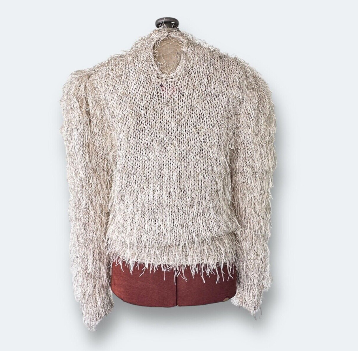 Estelle Womens Crochet Sweater Size Medium Vintage Fuzzy Beige Fringe Sweater