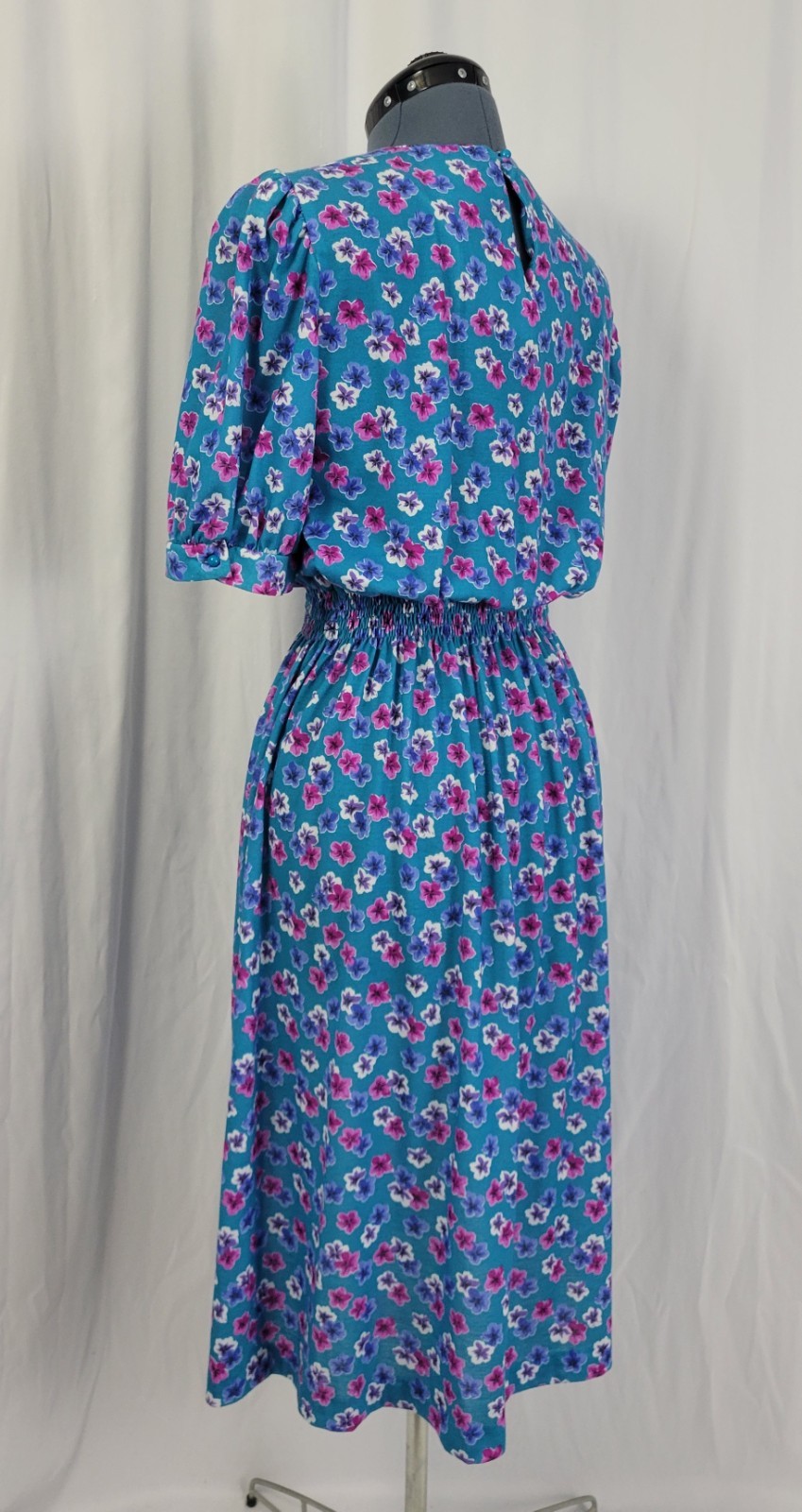 Vintage Items of CA Blue Blouson Dress w White & Purple Flowers Size 14