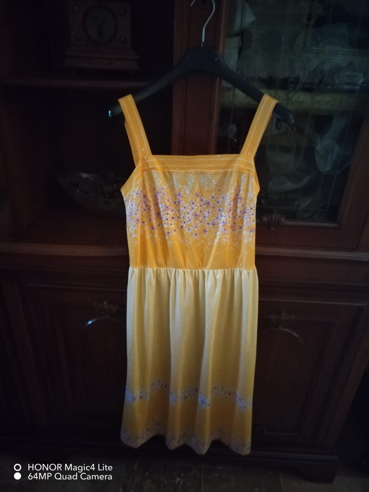 Yellow floral dress, vintage late ’70s, Corelle brand, size 46, made in Italy