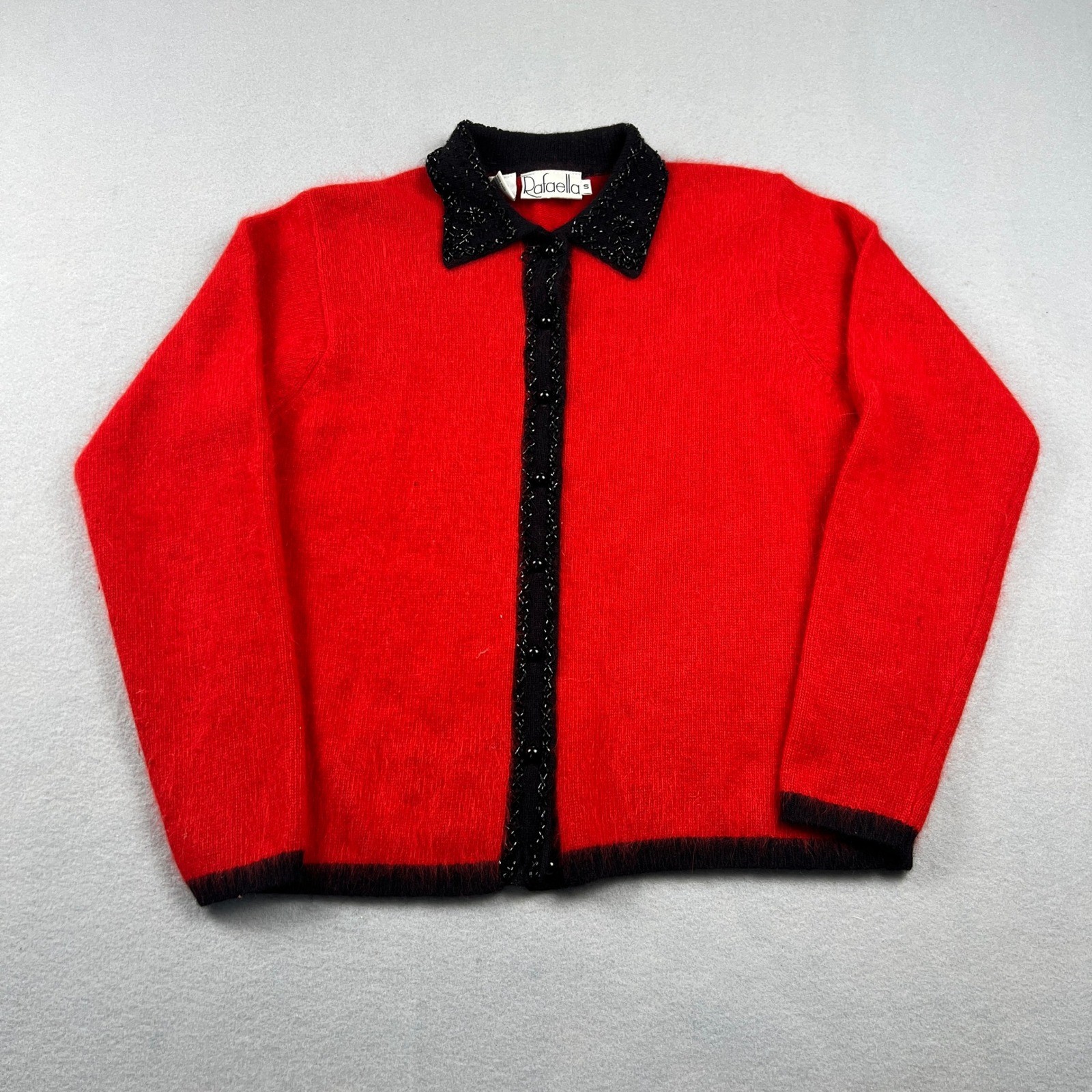 VTG Rafaella Cardigan Sweater Womens Small Red Angora Lambswool Beaded Holiday
