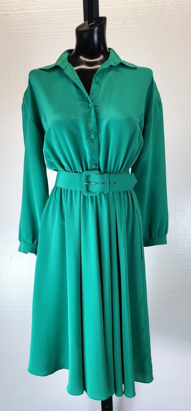 VTG Kay Brandon for h&a Green long Sleeve Fit & Flare Dress Size 7/8 w/ Belt