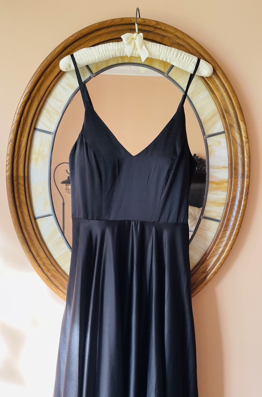 Vintage B. Darlin Black Silky Poly Sweeping High Slit Glam Evening Dress S