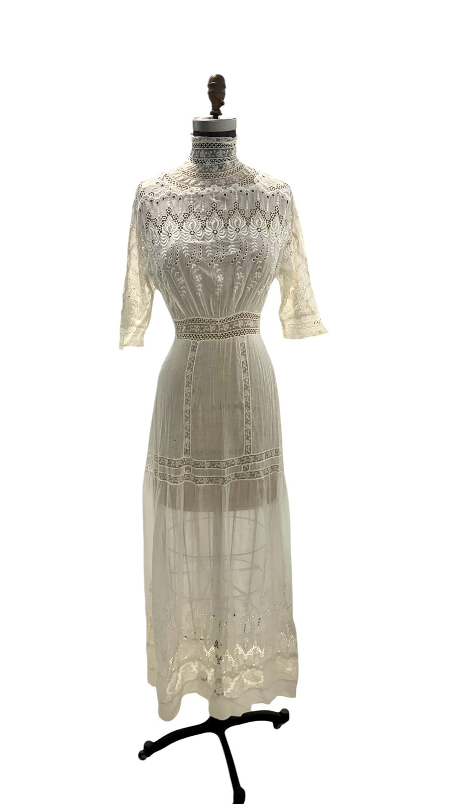 Antique Edwardian White Cotton Eyelet Lace Lawn Dress Small