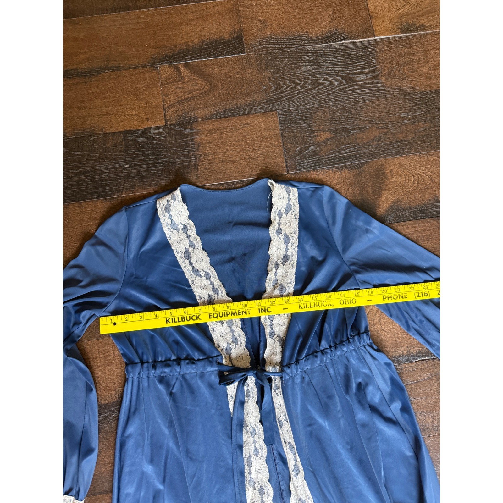 Vintage Navy Satin Lace Trim Maxi Robe Empire Waist Long Sleeve Lingerie Gown