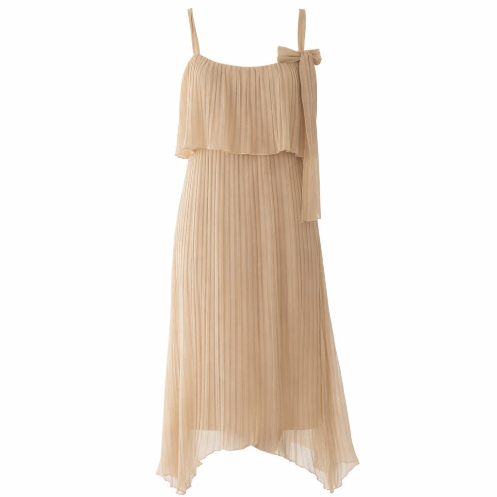 Vintage Nude Accordion-Pleated Chiffon Dress Sz 8 Wedding Guest Minimalist Chic