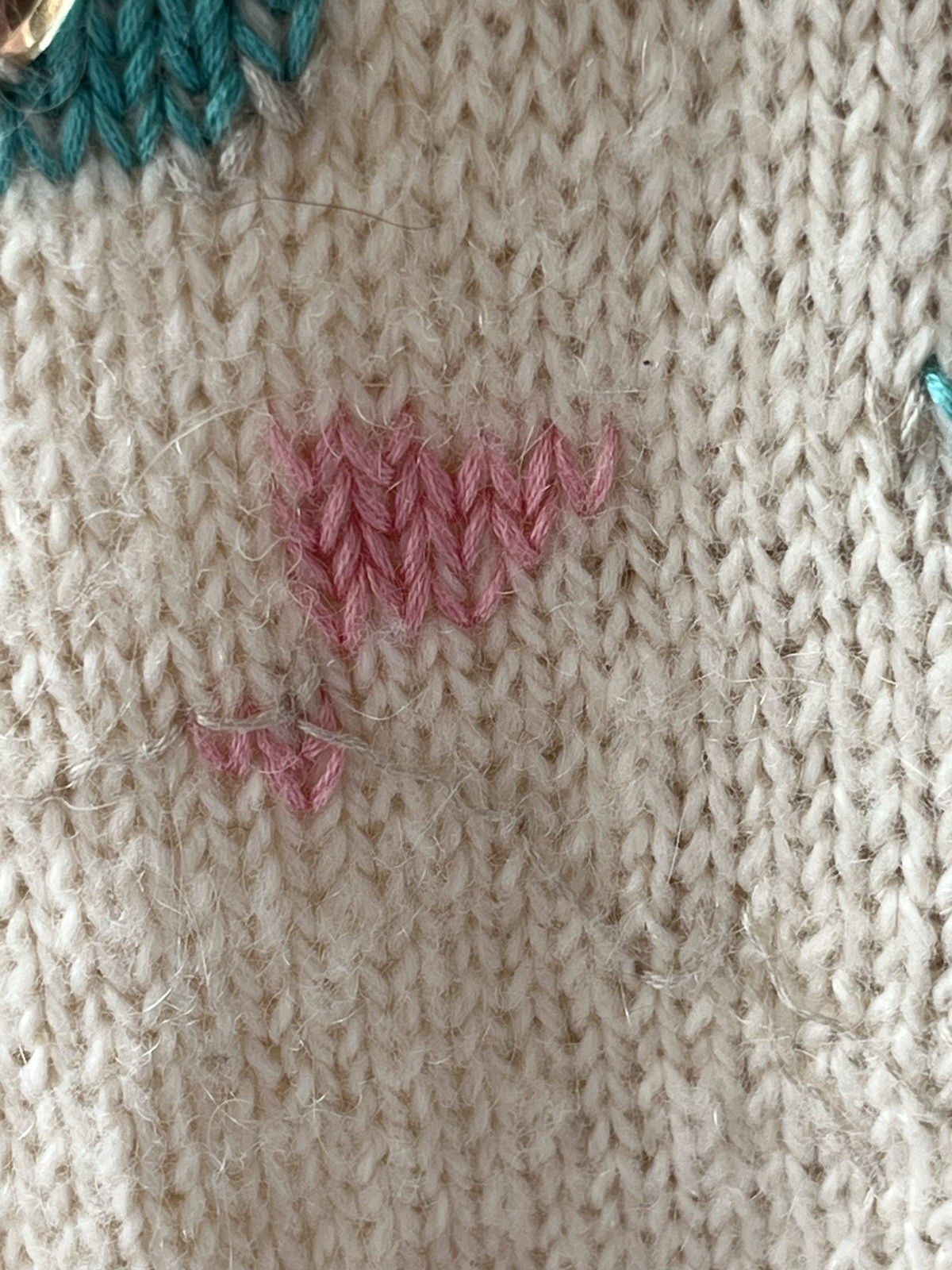 Vtg 80s Mohair Blend Knit Cat Sweater Cream Pink Teal Puffy Sleeve Kawaii Sz L