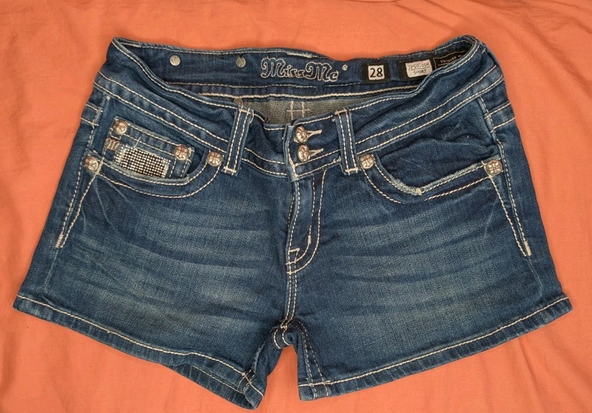 Vntg Miss Me Y2K Angel Wing Rhinestone Bling Denim Shorts Thick Stitch Size 28