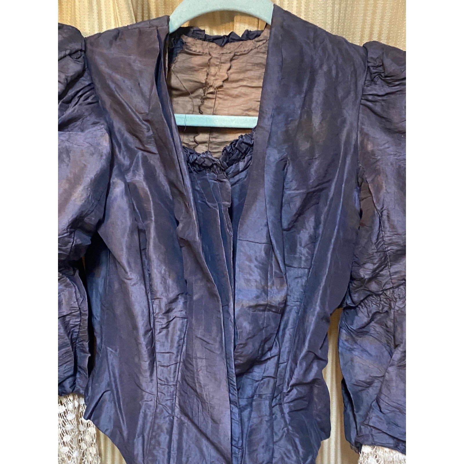 Antique BLACK SILK SATIN BODICE W HANDMADE LACE Sleeve Cuffs Victorian Mourning