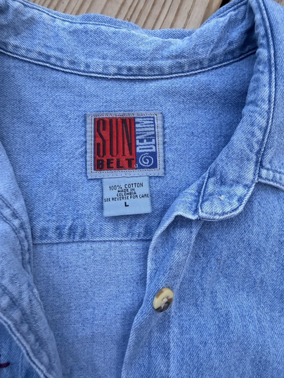 Vintage Patriotic Denim Shirt L Embroidered Faded Glory Sun Belt Denim