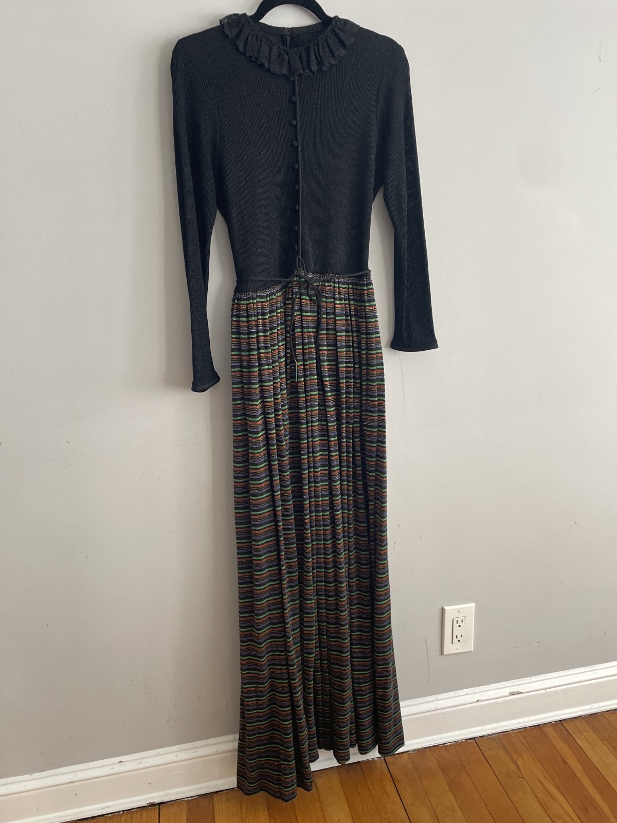 VTG I Magnin KNIT CONTRAST RIBBED LONG SLEEVE Lurex Maxi Dress Solid Stripe M