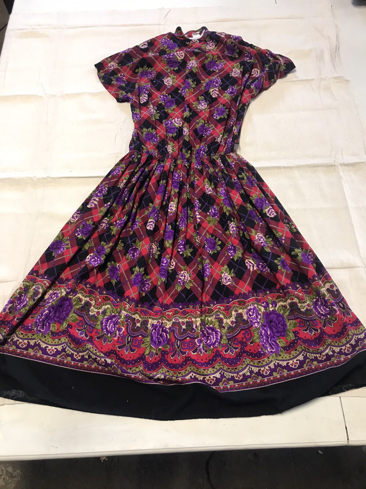 vtg dress rose motif plaid cottagecore boho prairie sz 10 fashion v2629