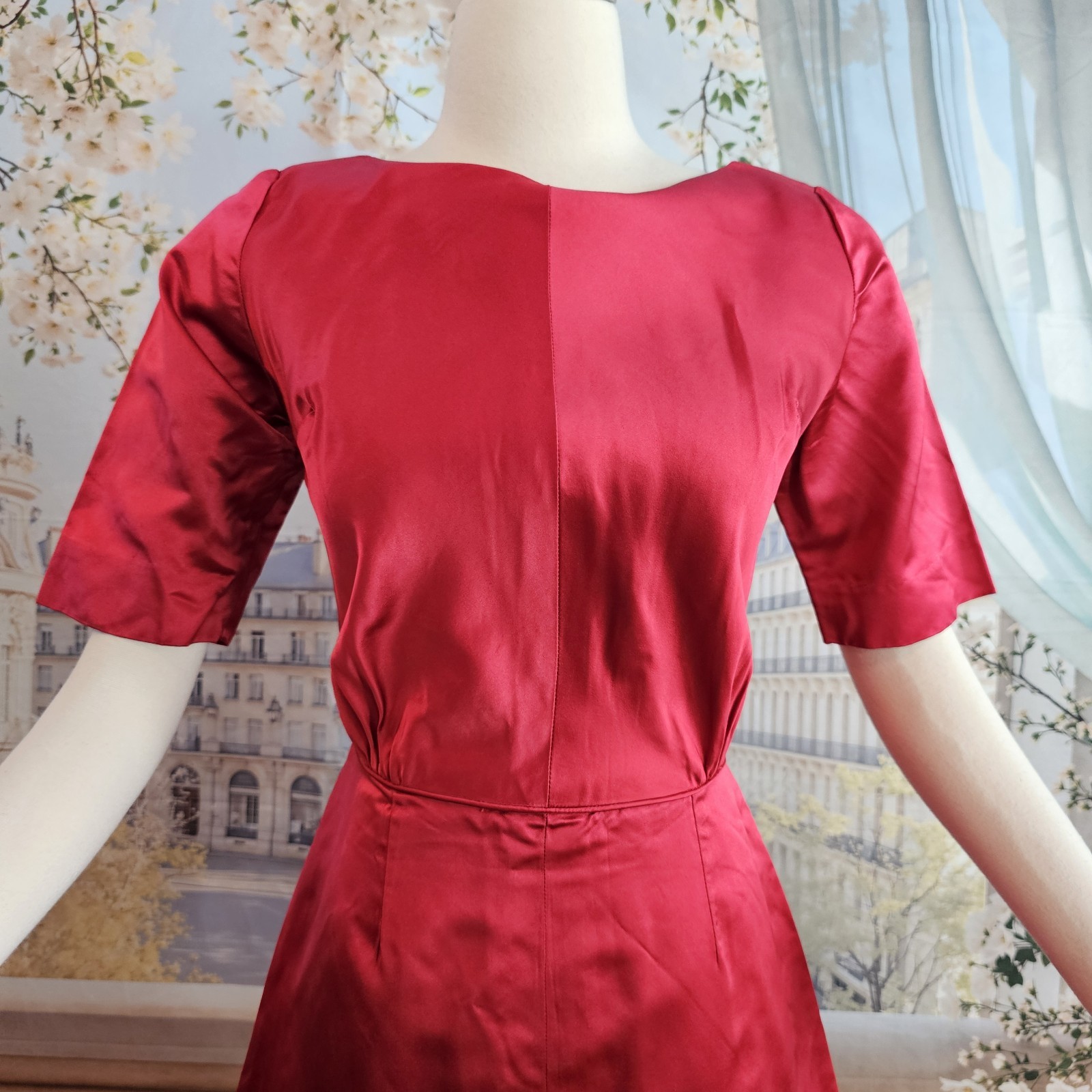 Vintage 1950s Dress Cherry Red Liquid Satin Half Sleeve Pinup Rockabilly