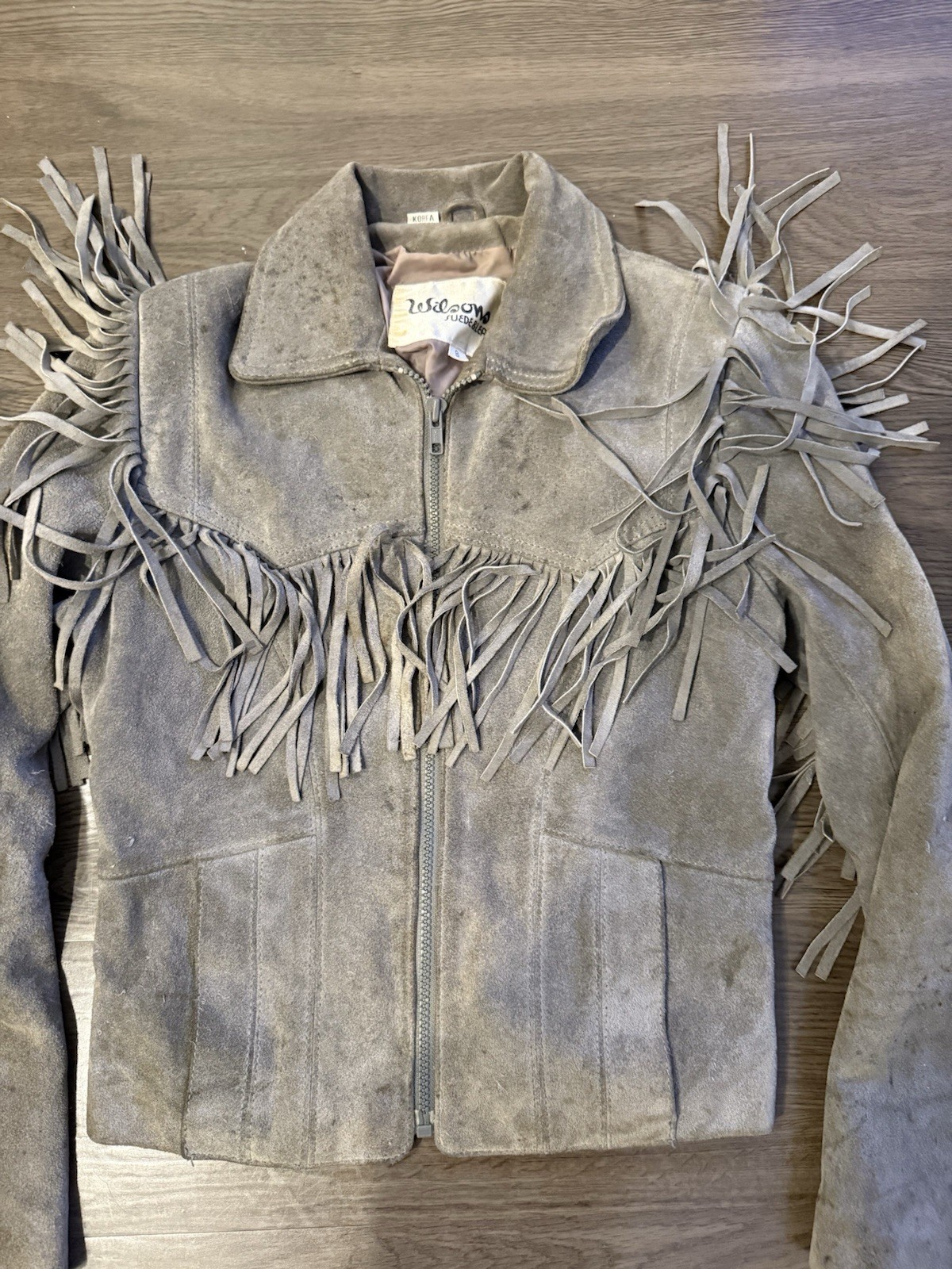 VTG 80s Wilson’s Leather Gray Suede Fringe Jacket Size 8