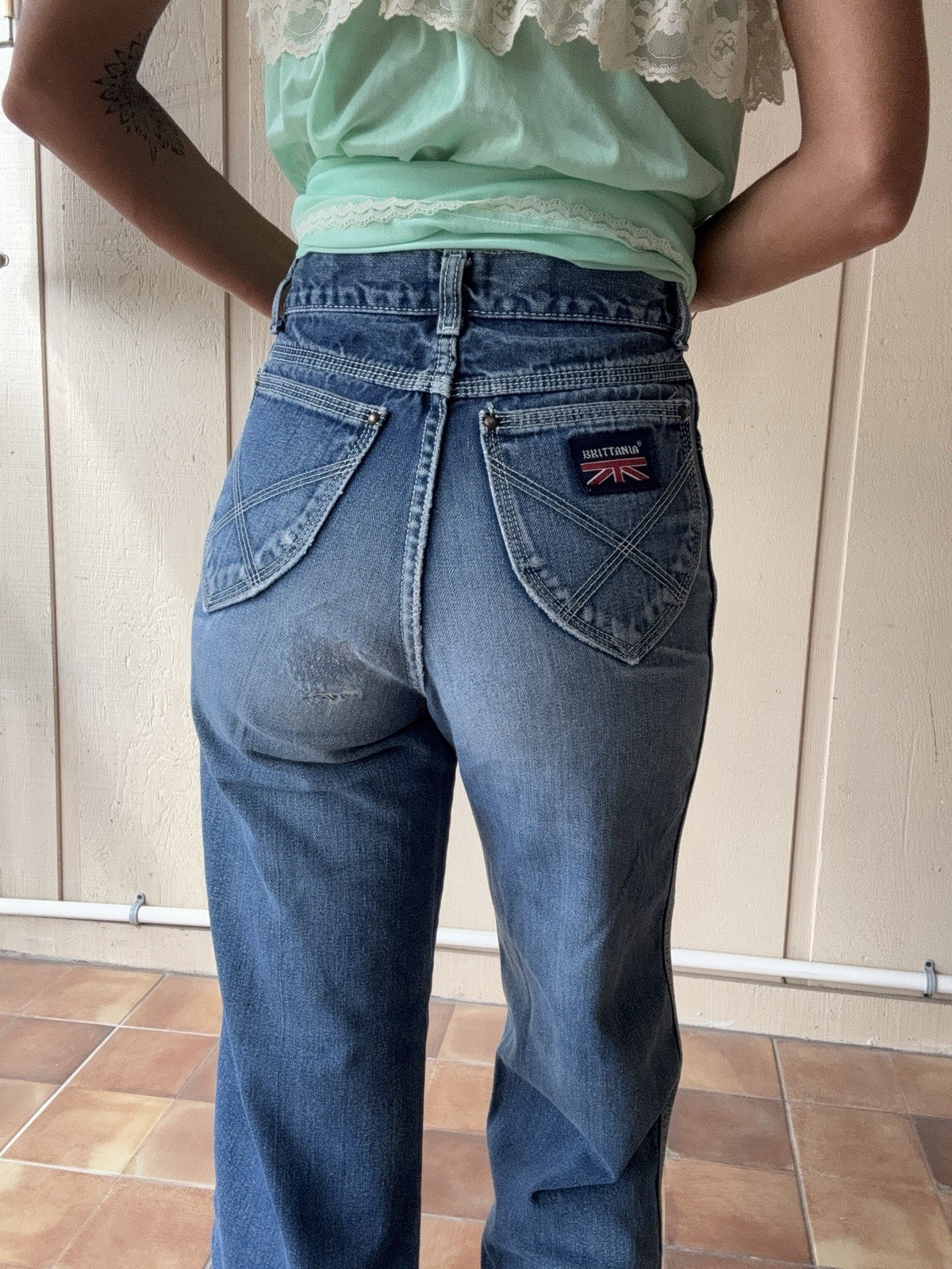 Vintage Brittania Jeans 1970 Faded 24 Womens Mended Bells Denim