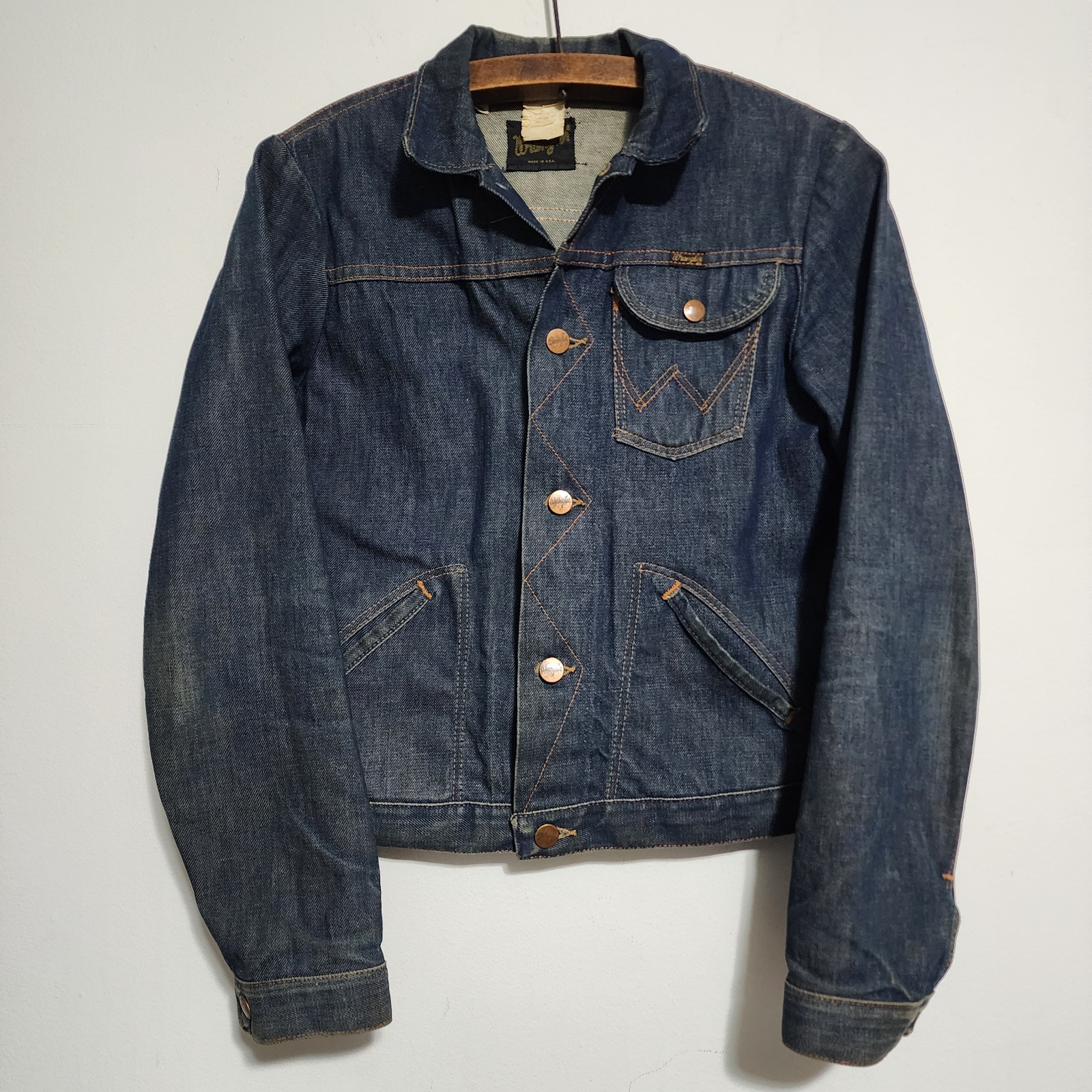 VINTAGE 70s Wrangler Black Tag Selvedge Denim Jacket No Wash Boys 16 Womens XS