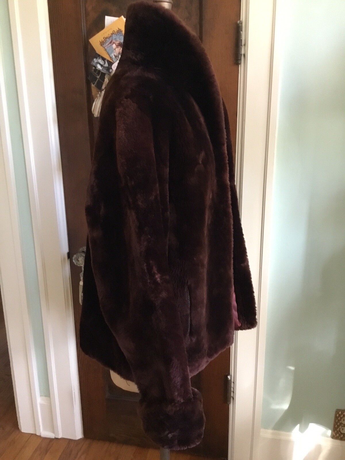 Vintage Mouton Lamb Fur Coat Dark Chocolate Brown Shawl Collar Cuffs Pkts Lined