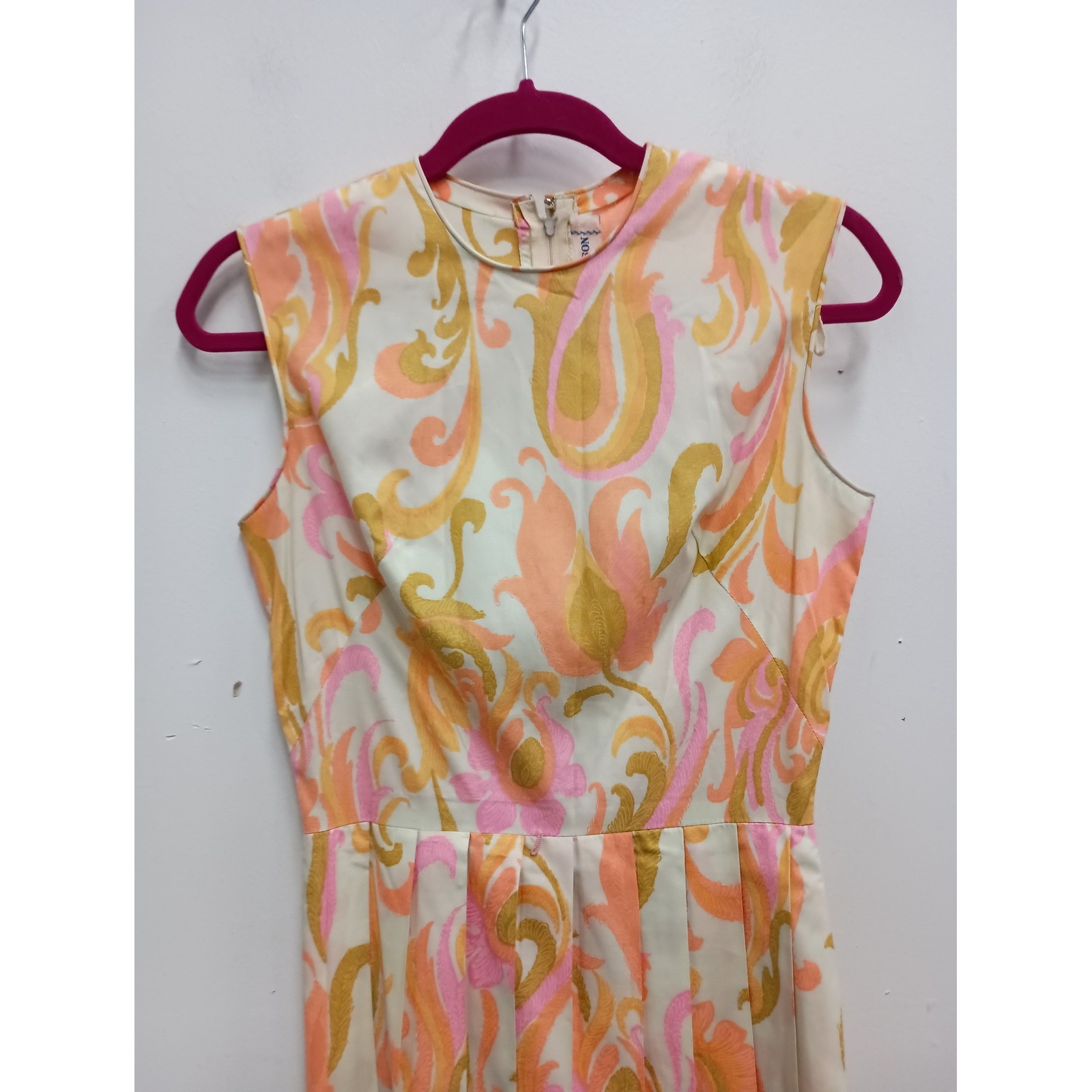 VTG Gay Gibson Dress Womens 4 Pink Orange Floral Psychedelic Sleeveless Pleated