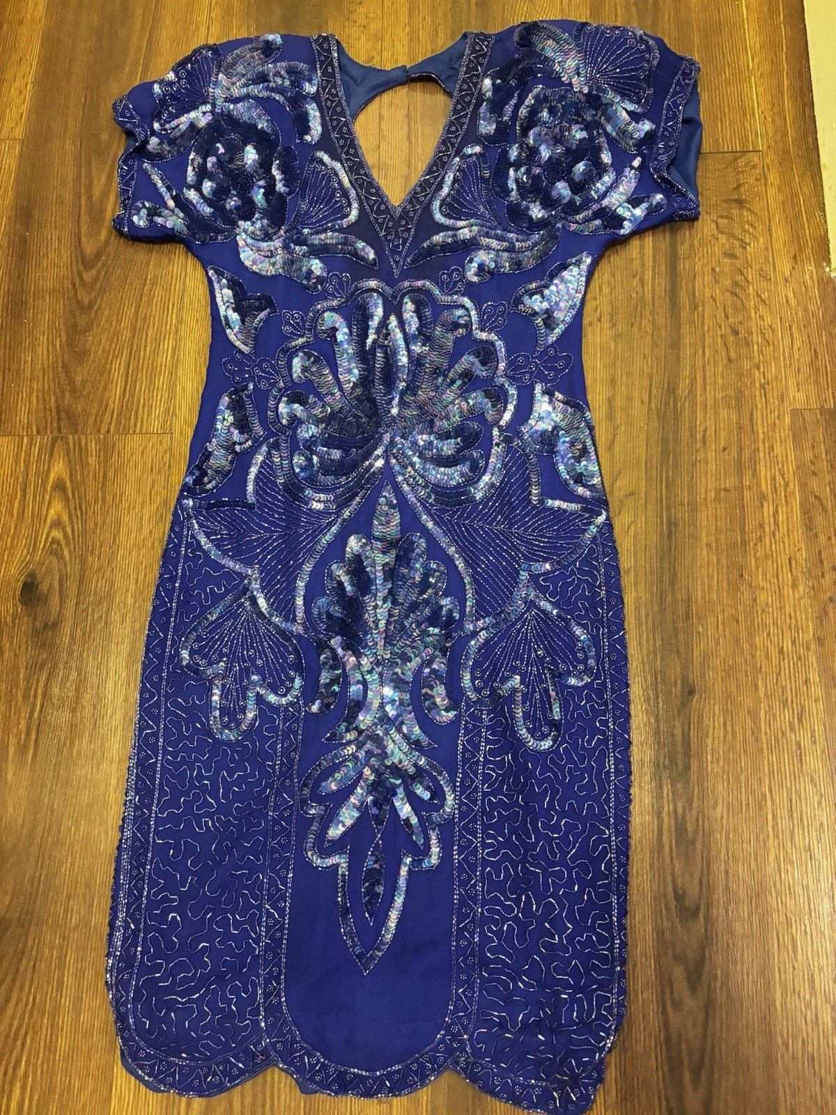VTG Swee Lo Silk Bead Sequin Blue 100% Silk Cocktail Evening Dress Medium 80s