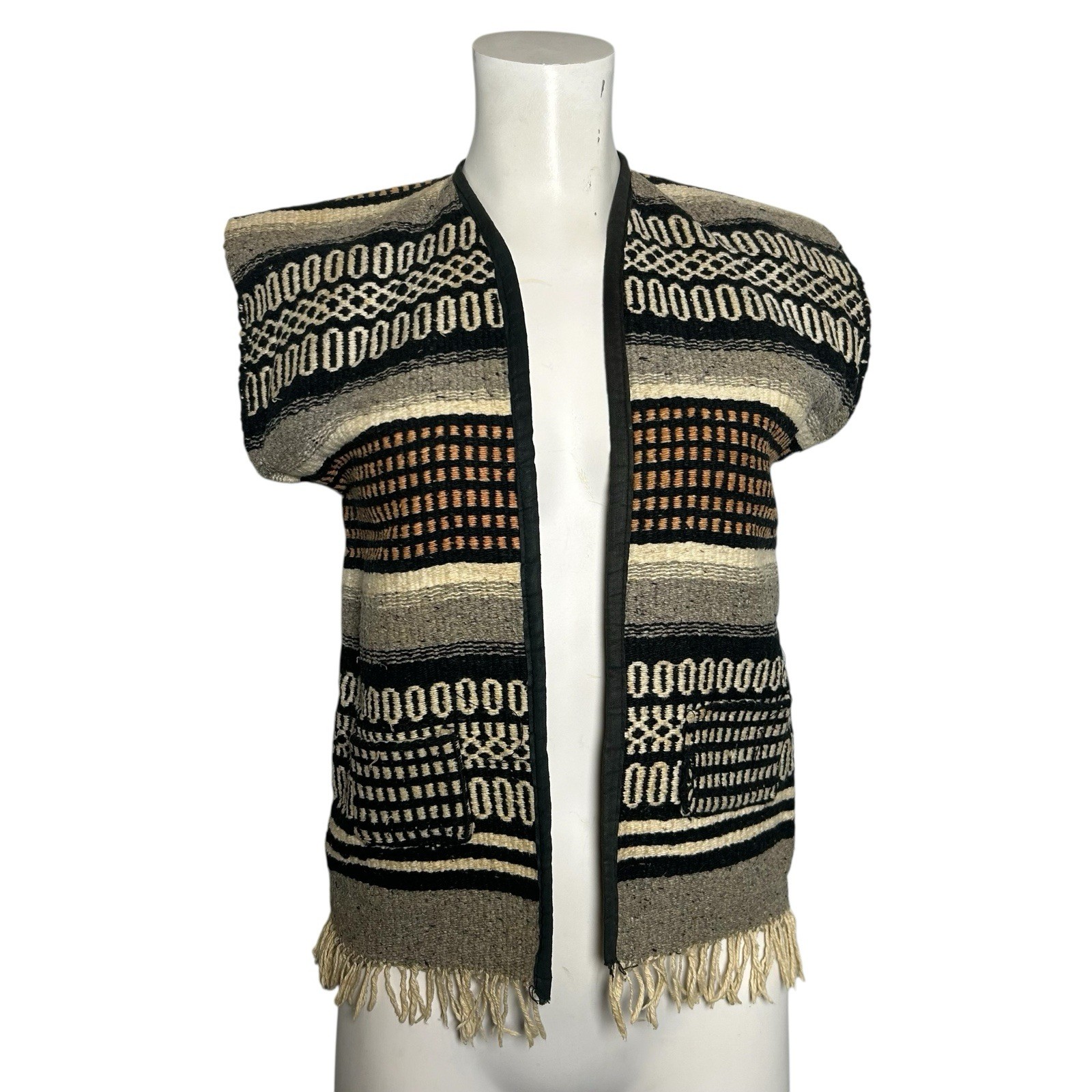Vintage 70s Mexican Woven Vest EIRISA Mexico Boho Southwestern Fringe Wool Small