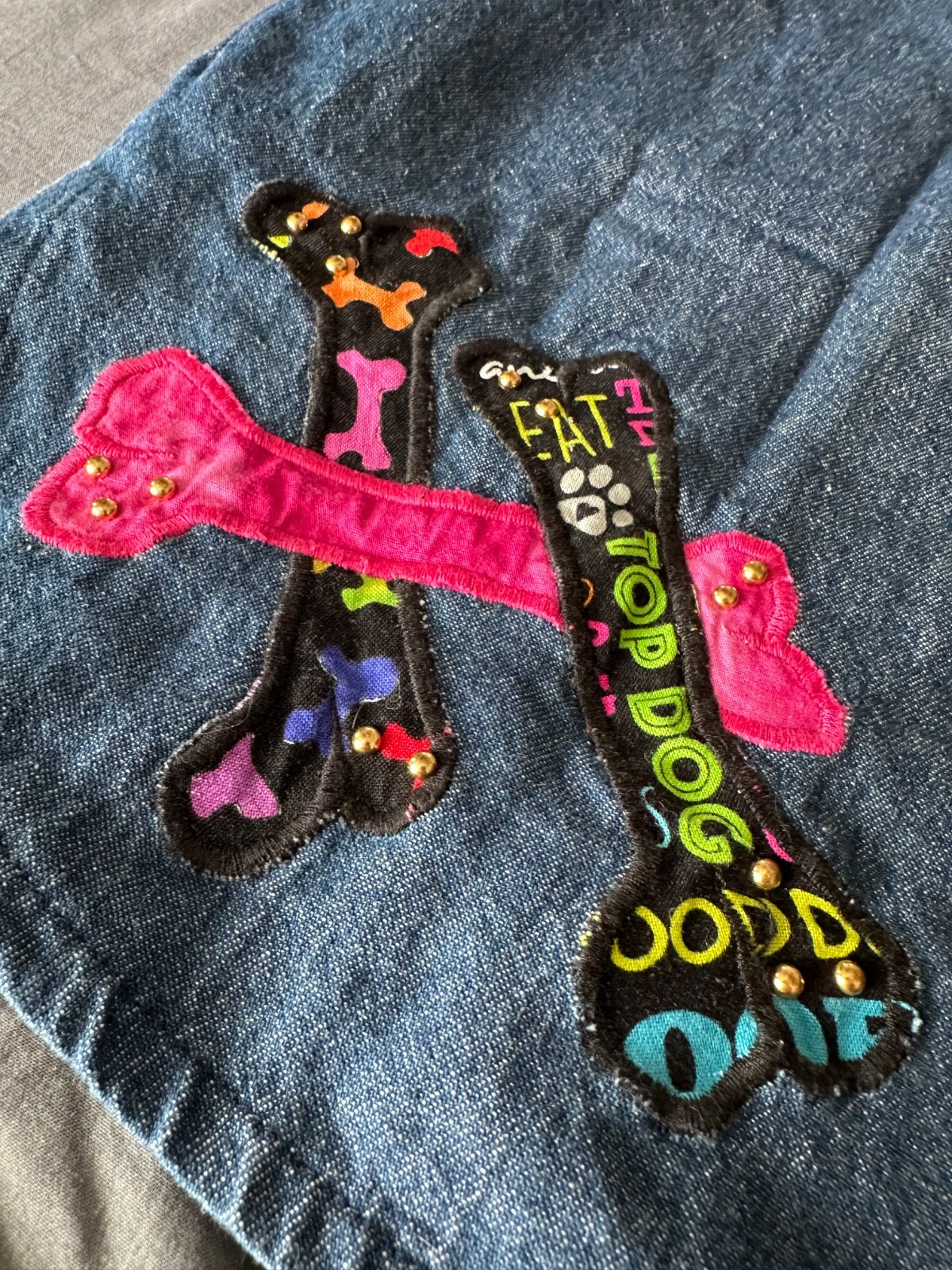 VTG Alfredo’s Wife Wearable Art Whimsical Dog Applique Denim Tunic SZ S OOAK