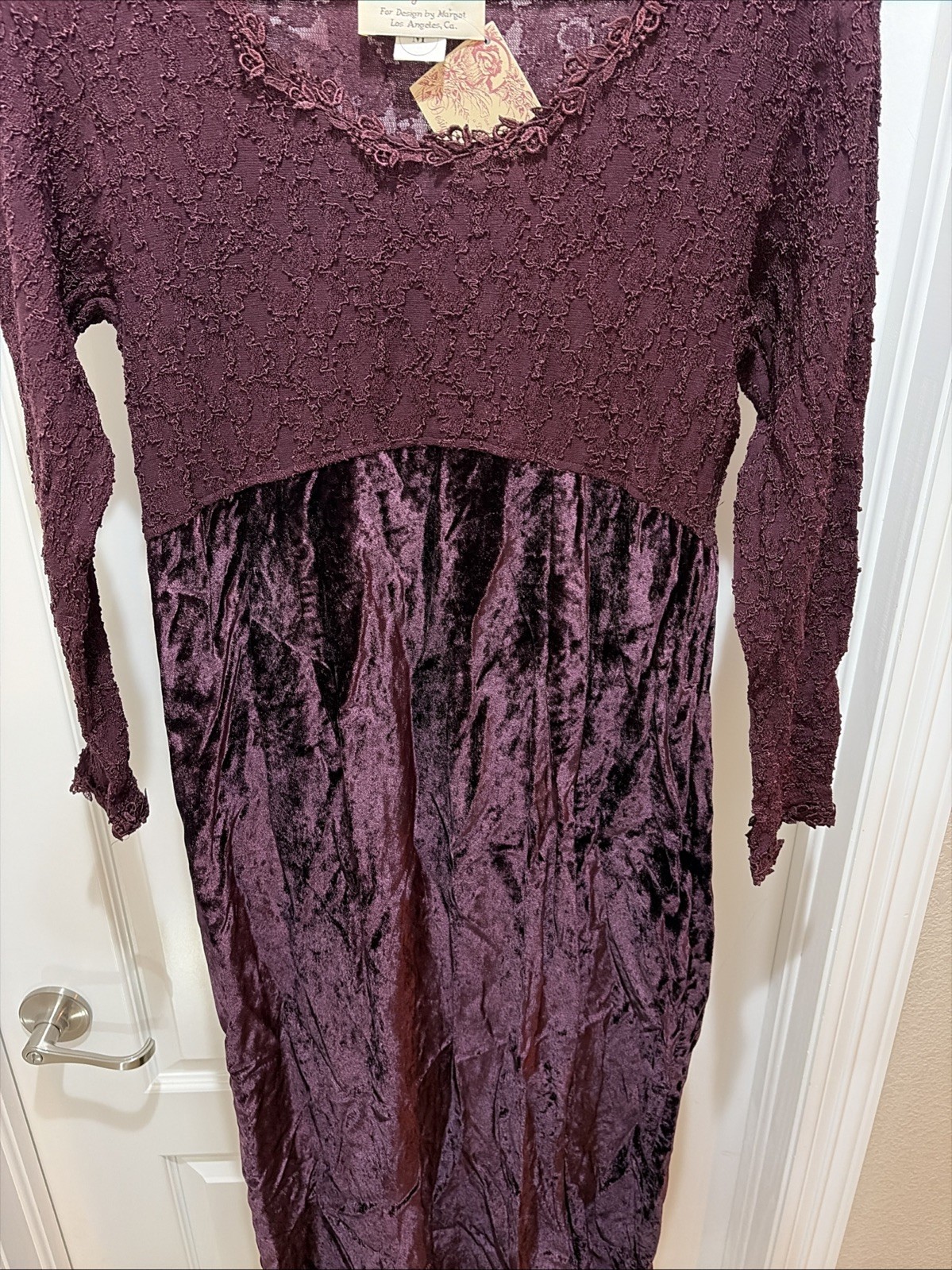 VTG NWT Margot Lea Dress Size Medium Lace Accents Burgundy Maxi Long Sleeve USA