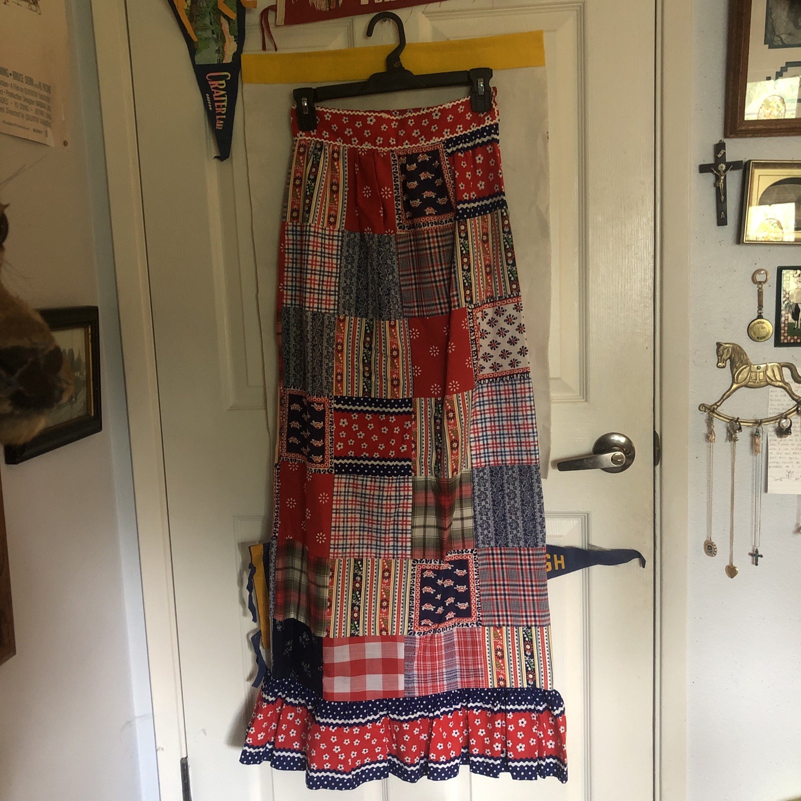 Vintage 70s Patchwork Maxi Skirt XS Red Boho Cottagecore Peasant Prairie