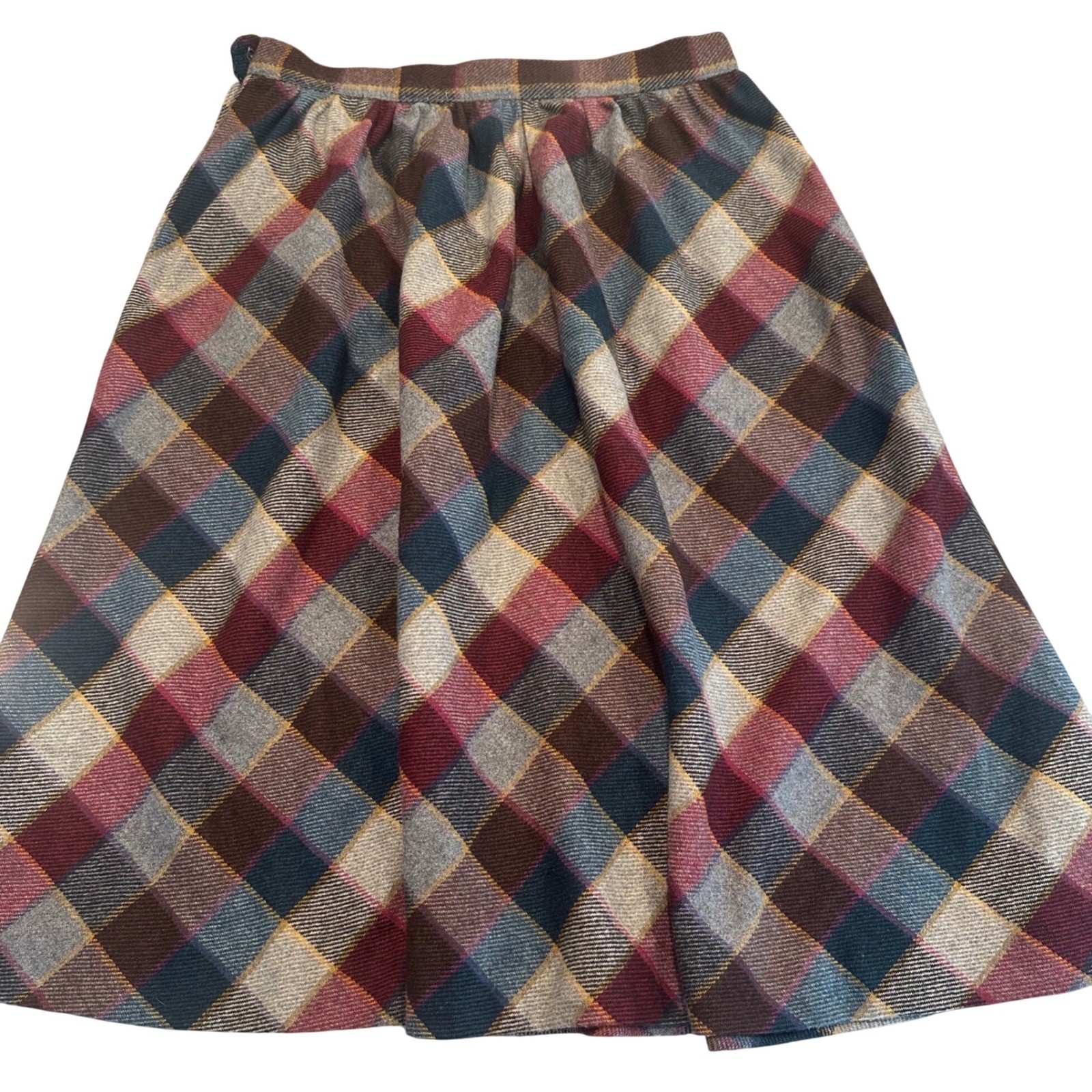 Vintage Koret Plaid Wool Blend Midi Skirt Burgundy Teal Made in USA Size 25 inch