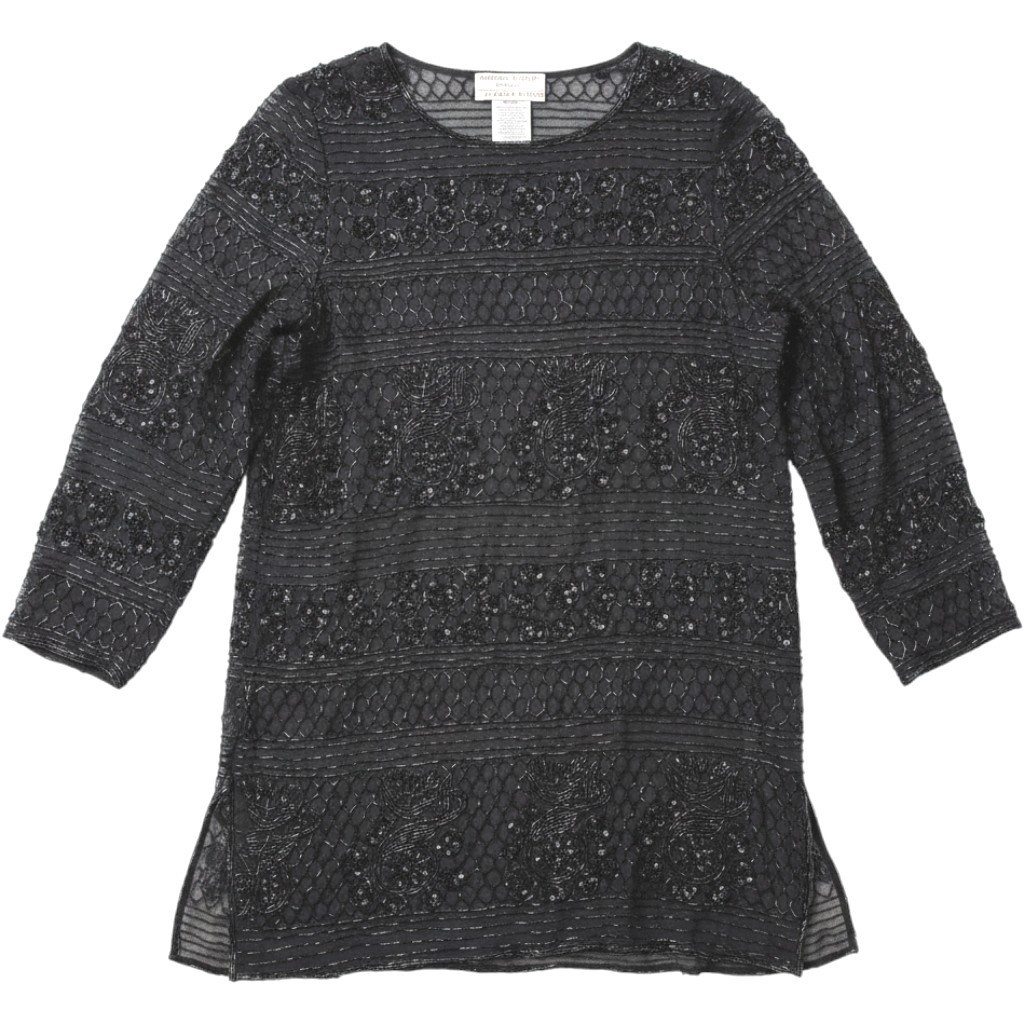 Vintage Adrianna Papell Evening Silk Beaded Sequined Top Tunic Sheer Black XL