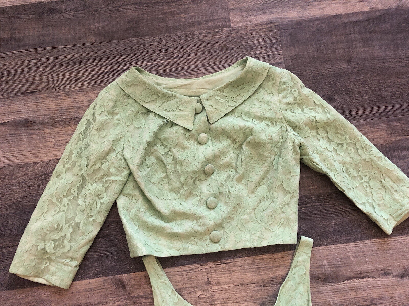 60s VTG Union Tag Sea Foam Green Lace Over Satin Jackie O~Dress&Jacket Set XS/S