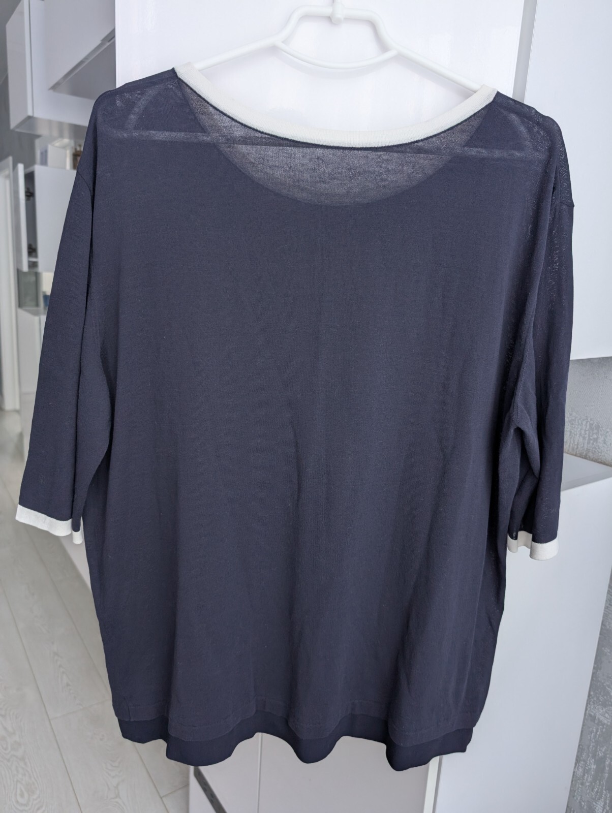 Chanel No 5 Embellished Logo Navy Silk Viscose Blouse Top T-Shirt Oversized 2XL