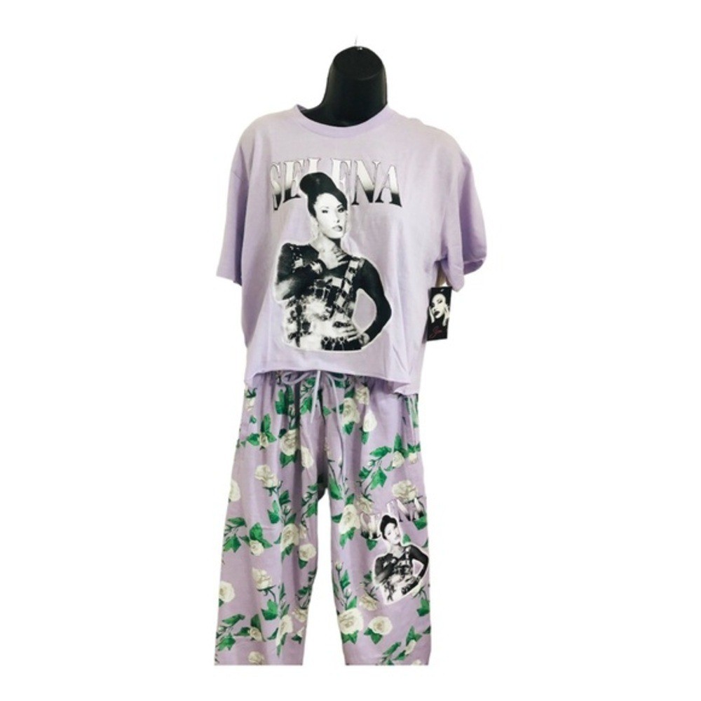 Selena purple white green floral crop shirt & joggers set size large brand new