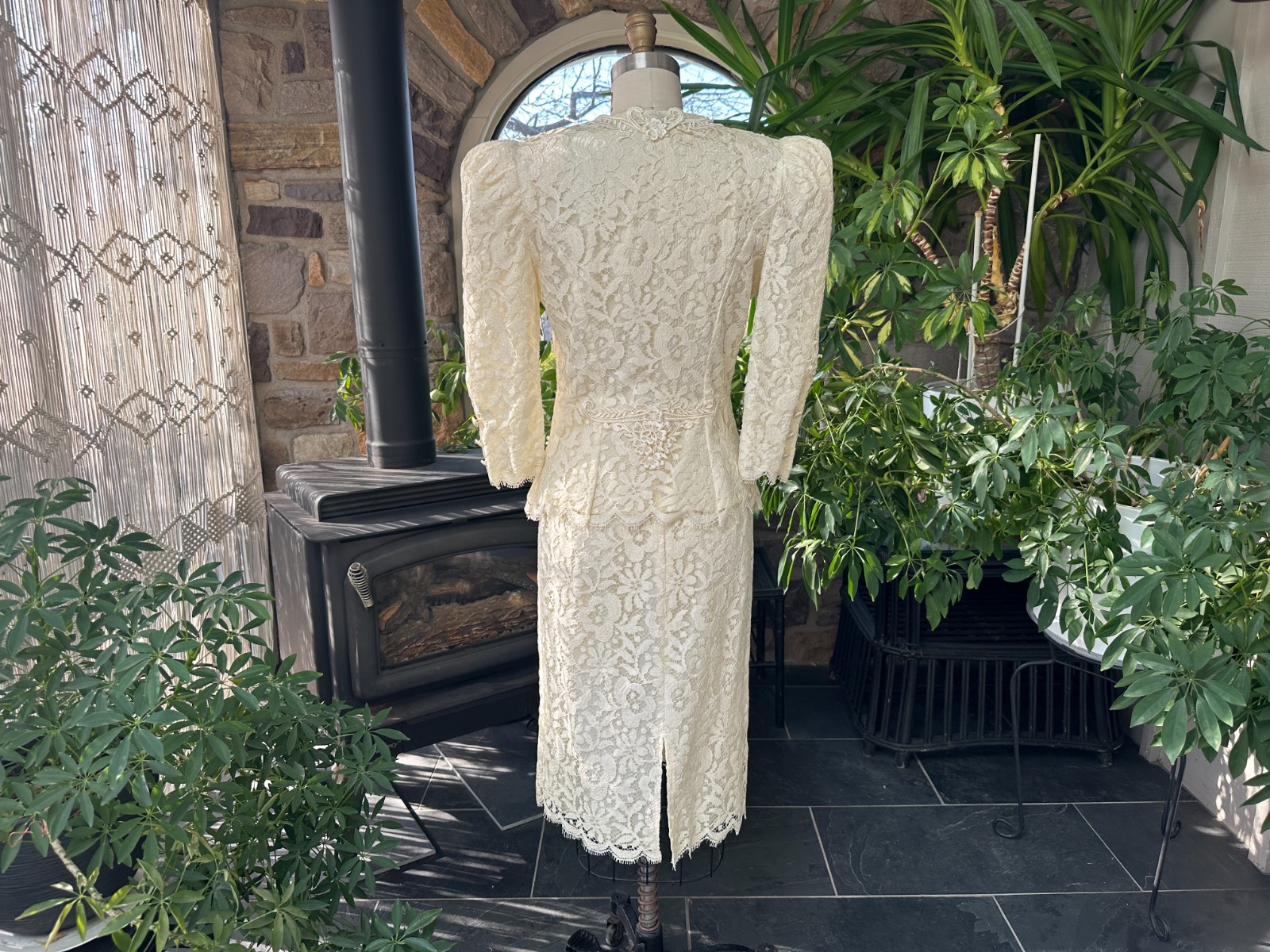 Vintage 1980s Greg Adams Formal 2 Piece Ivory Lace Bridal Wedding Suit