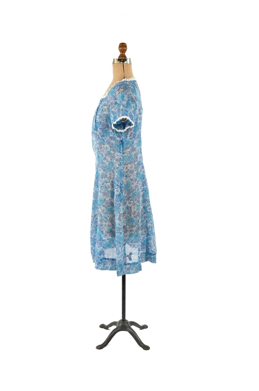 Vintage 50s Semi Sheer Cotton Blue Floral Novelty Print Cottage Prairie Dress M