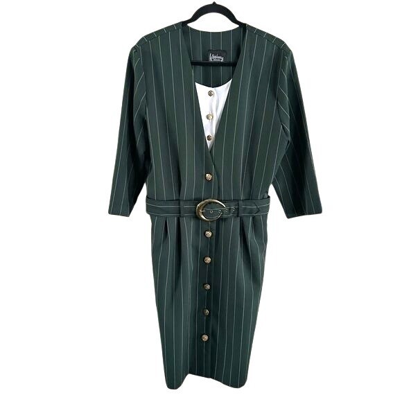 Vintage Whirlaway Frocks Pinstriped Belted Button Front Dress 80s 90s Green 16P