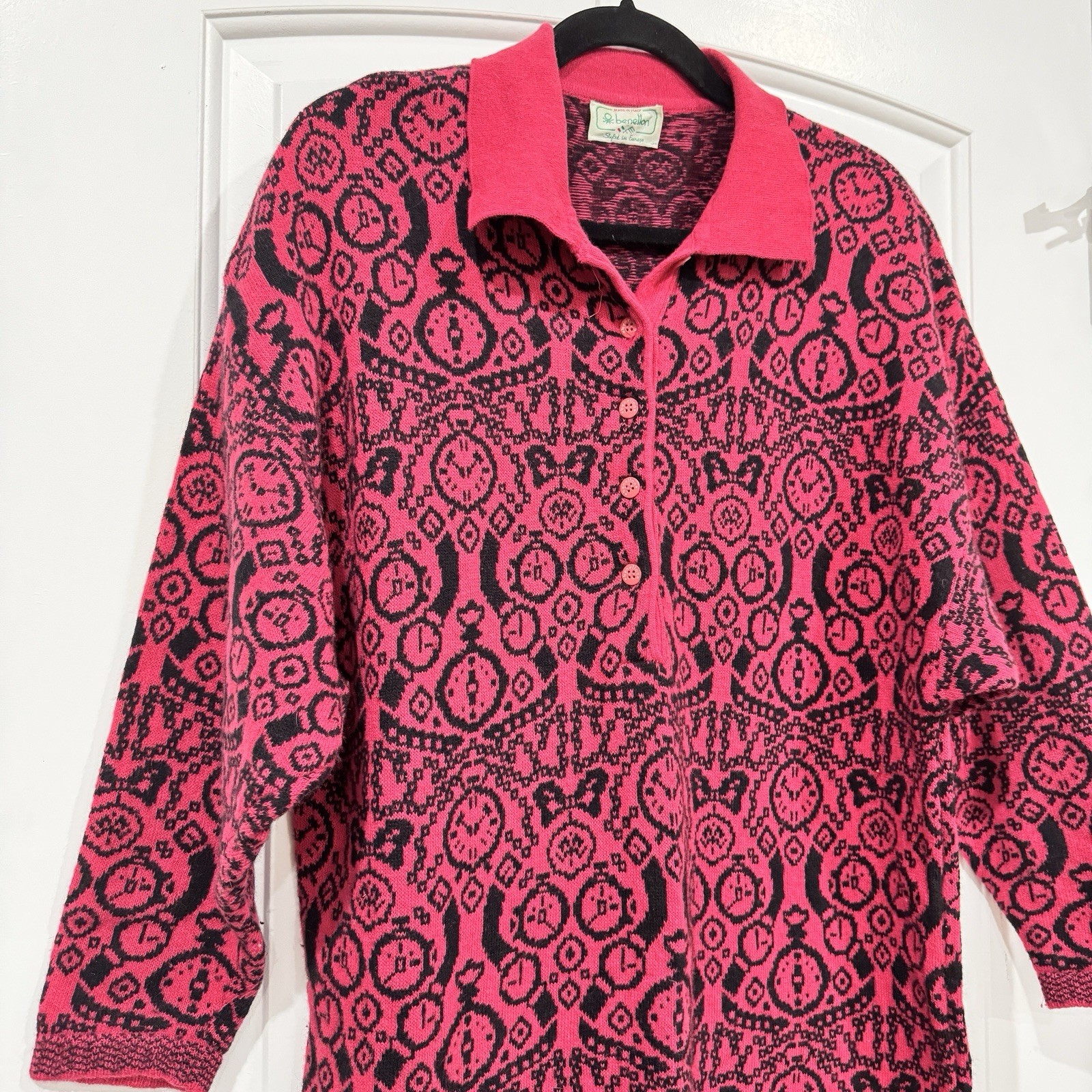 Benetton Italy Sweater Dress Size 44 Pink Black Knit Long Sleeve Abstract Vtg